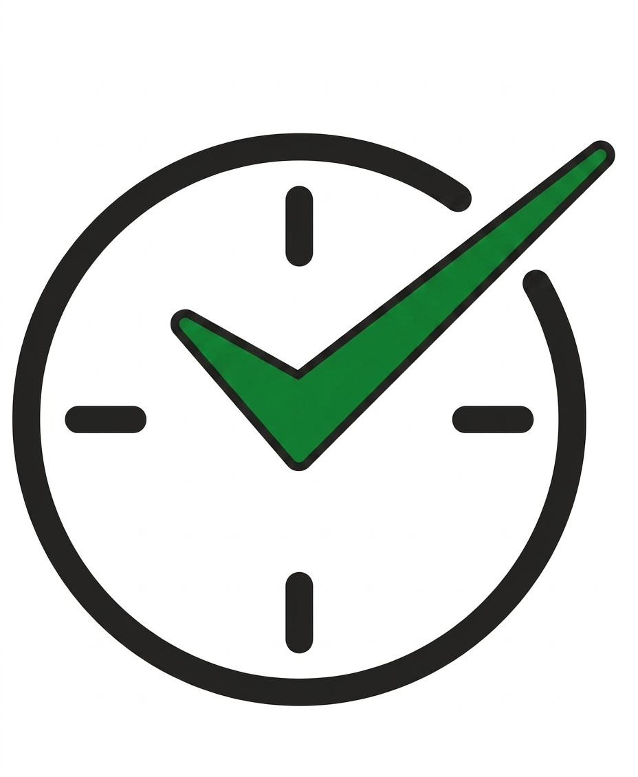 Clock with green check mark indicating punctuality or on time.