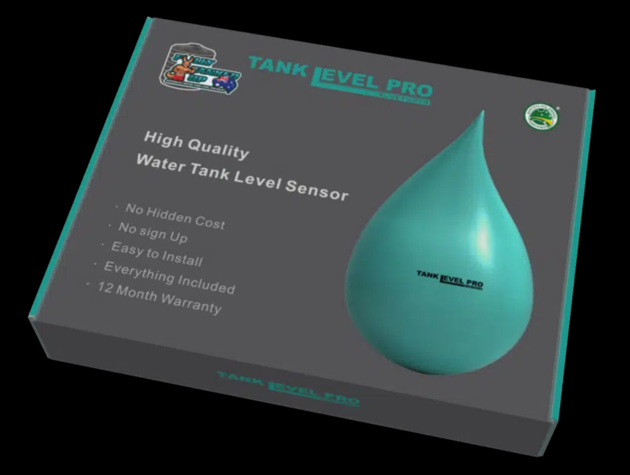 Package for Tank Level Pro water tank level sensor featuring a large water droplet graphic, list of features including high quality, easy installation, and 12-month warranty, with branding and certification logos.