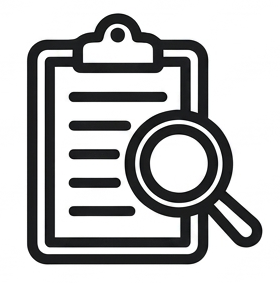 Icon of a clipboard with a magnifying glass.