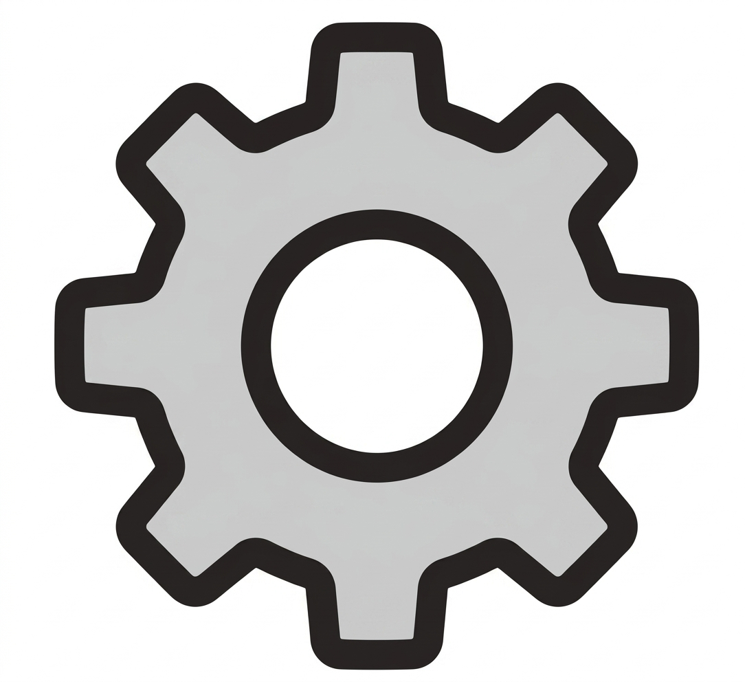 A gray gear or cogwheel with a black outline on a white background.