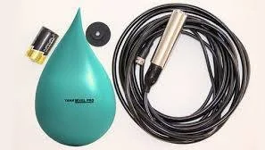 A teal-colored electronic device with a black and yellow component, a black cable, a metal probe, and a small black disc.