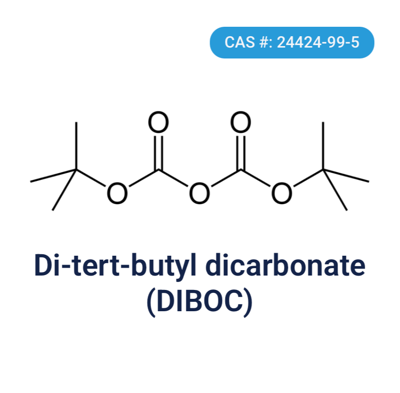 Line drawing of the chemical structure of Di-tert-butyl dicarbonate (DIBOC), with a blue label showing its CAS number 24424-99-5.
