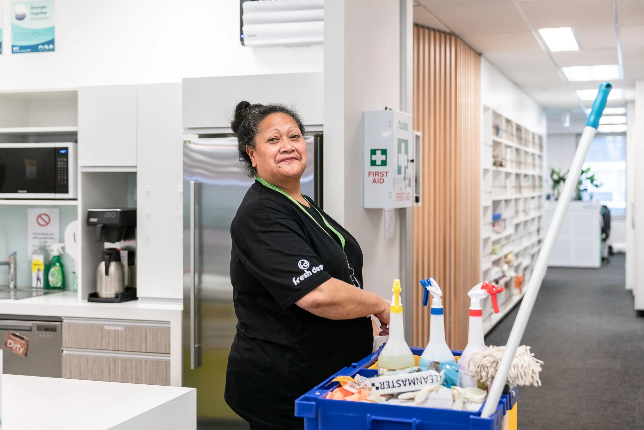 Lina Fairbrother with a trolley in the kitchen