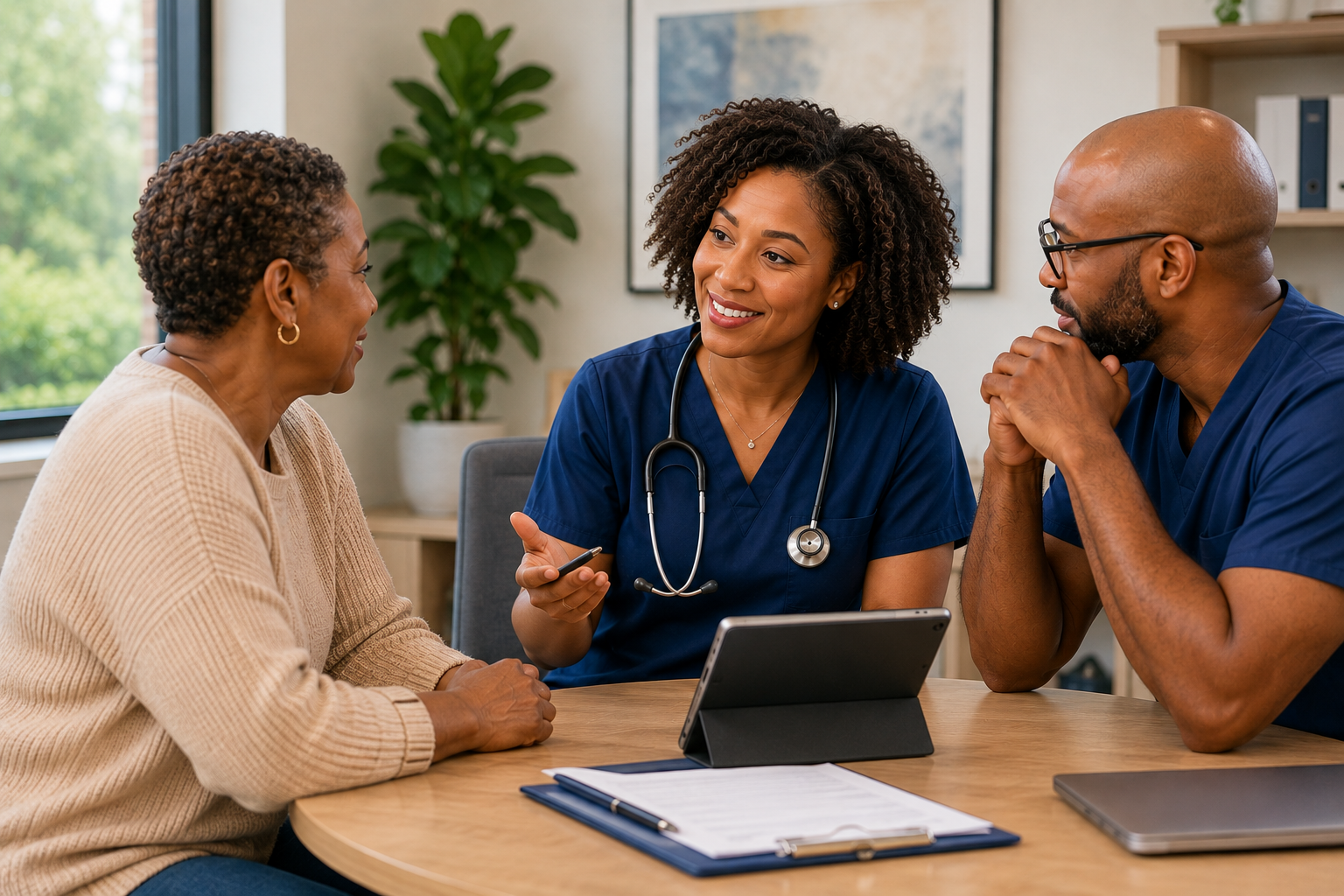 A team of medical professionals speaking with a female patient.