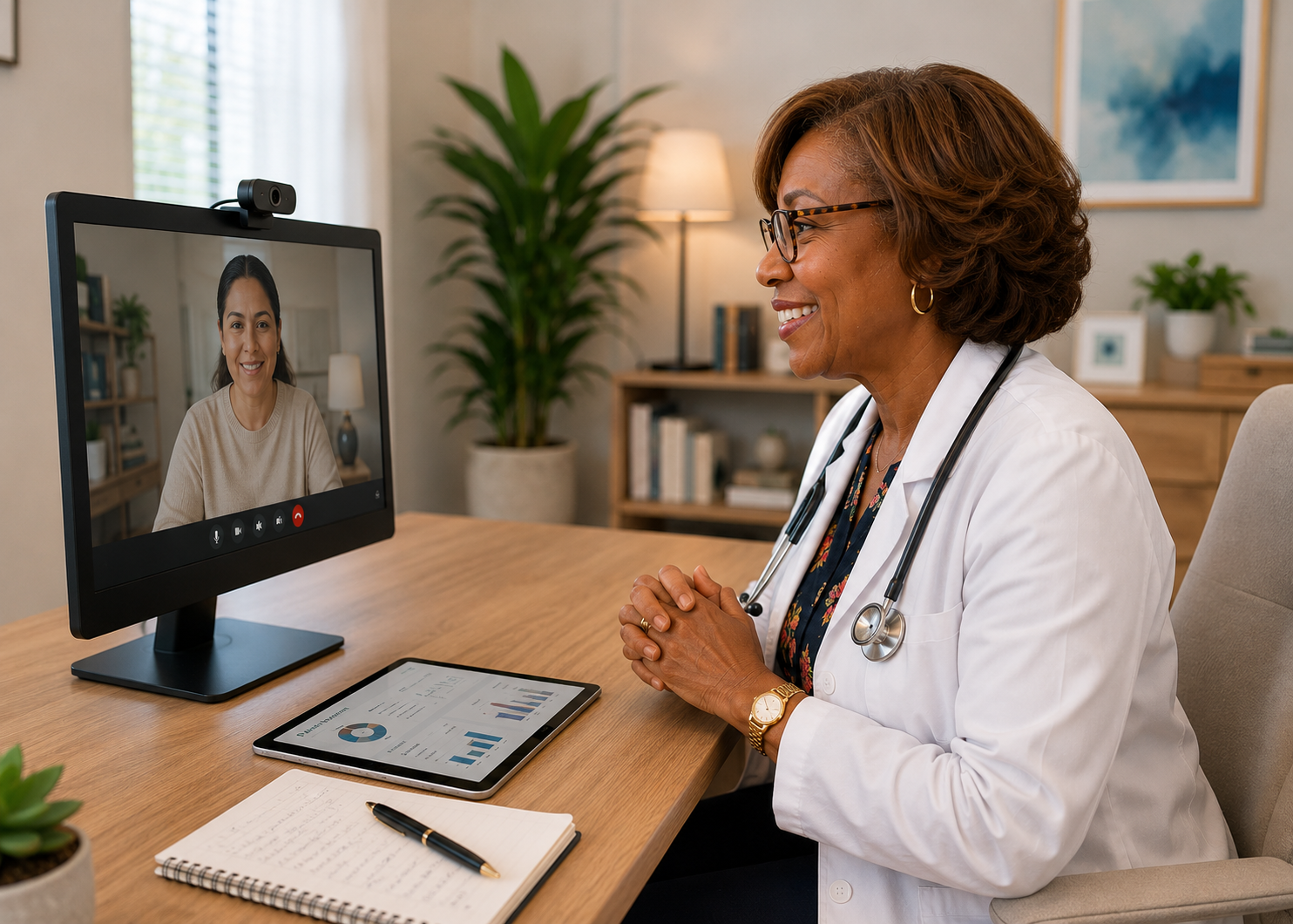 A female physician smiling and talking to a patient on a computer monitor during a telehealth call.