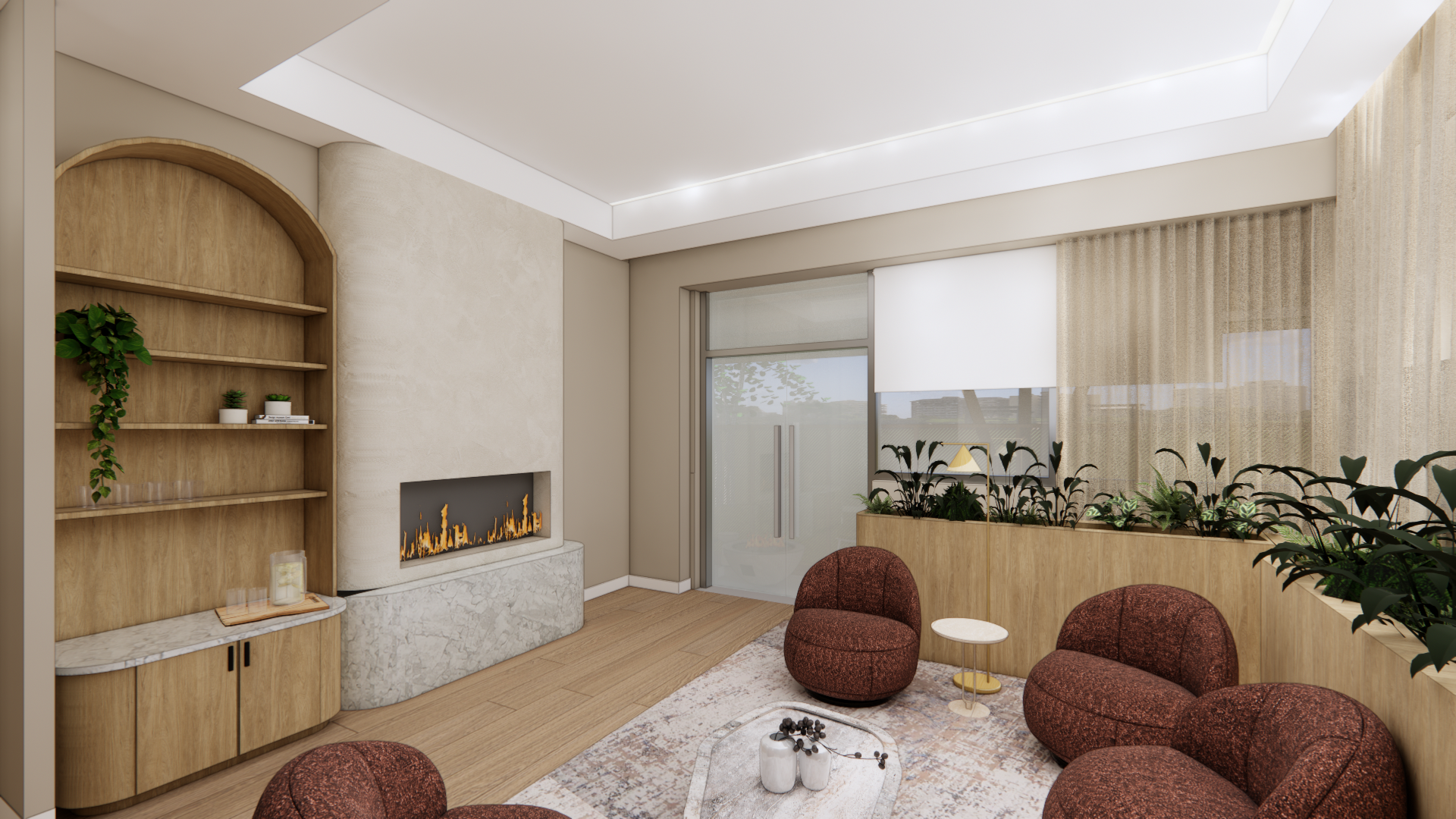 Modern living room featuring a built-in fireplace, wooden bookshelves, large window with curtains, beige walls, wooden flooring, and round maroon chairs around a small coffee table with decorative vases.