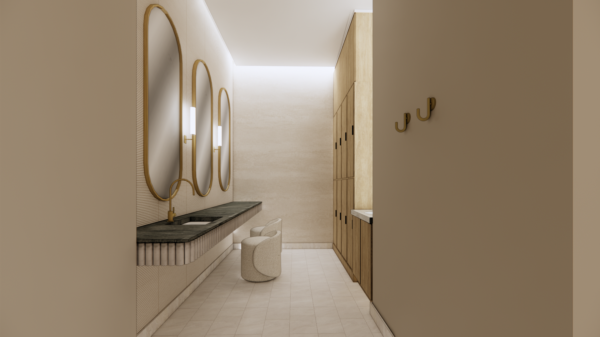 Interior view of a modern bathroom with three oval mirrors, a black countertop with sinks, beige chairs, wooden cabinets, and hooks on the wall.