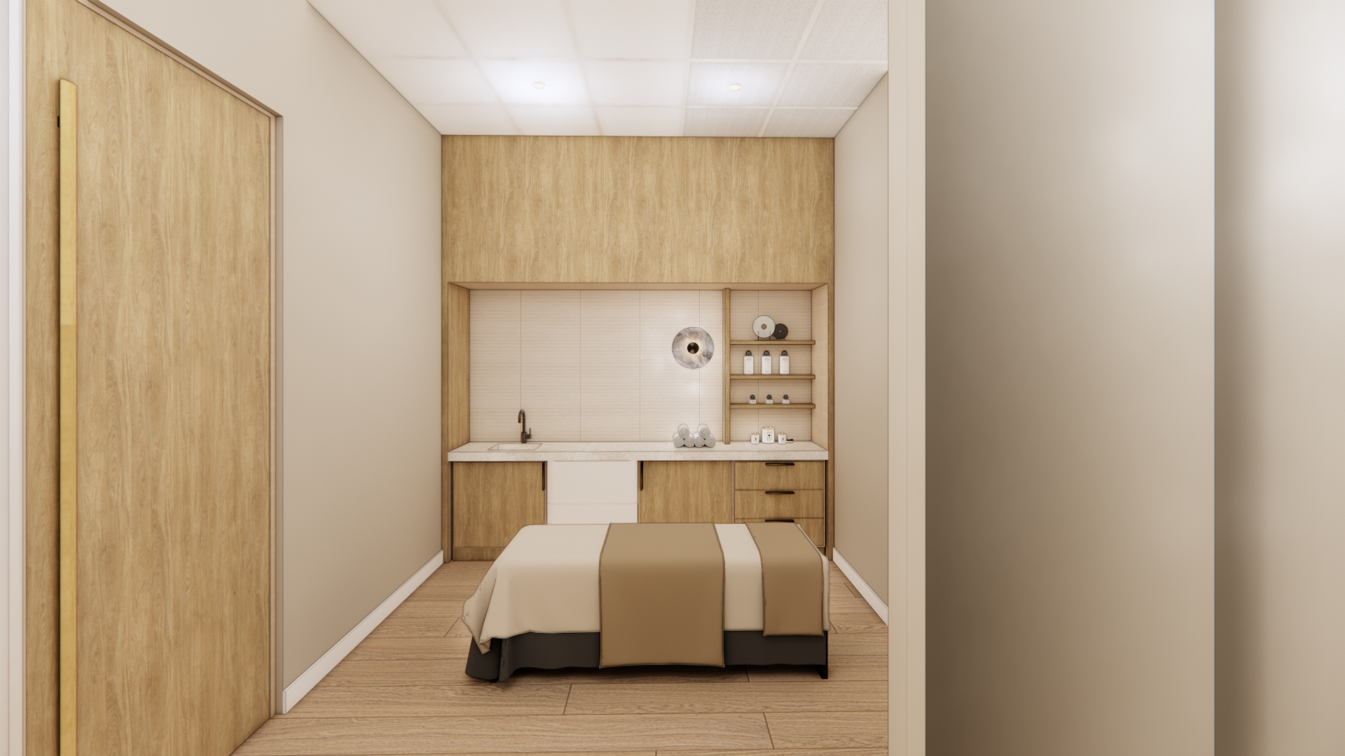A small bedroom with a wooden accent wall behind a bed and a compact kitchenette with a sink and shelves, in neutral tones.