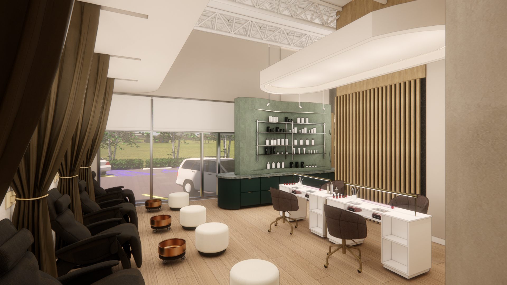 Interior of a modern beauty salon with manicure stations, chairs, and shelves with beauty products, large windows with curtains, and a view of parking lot and greenery outside.