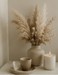 A beige vase with dried pampas grass, a beige cup, and a lit white candle on a tray, all arranged on a surface next to a wall.