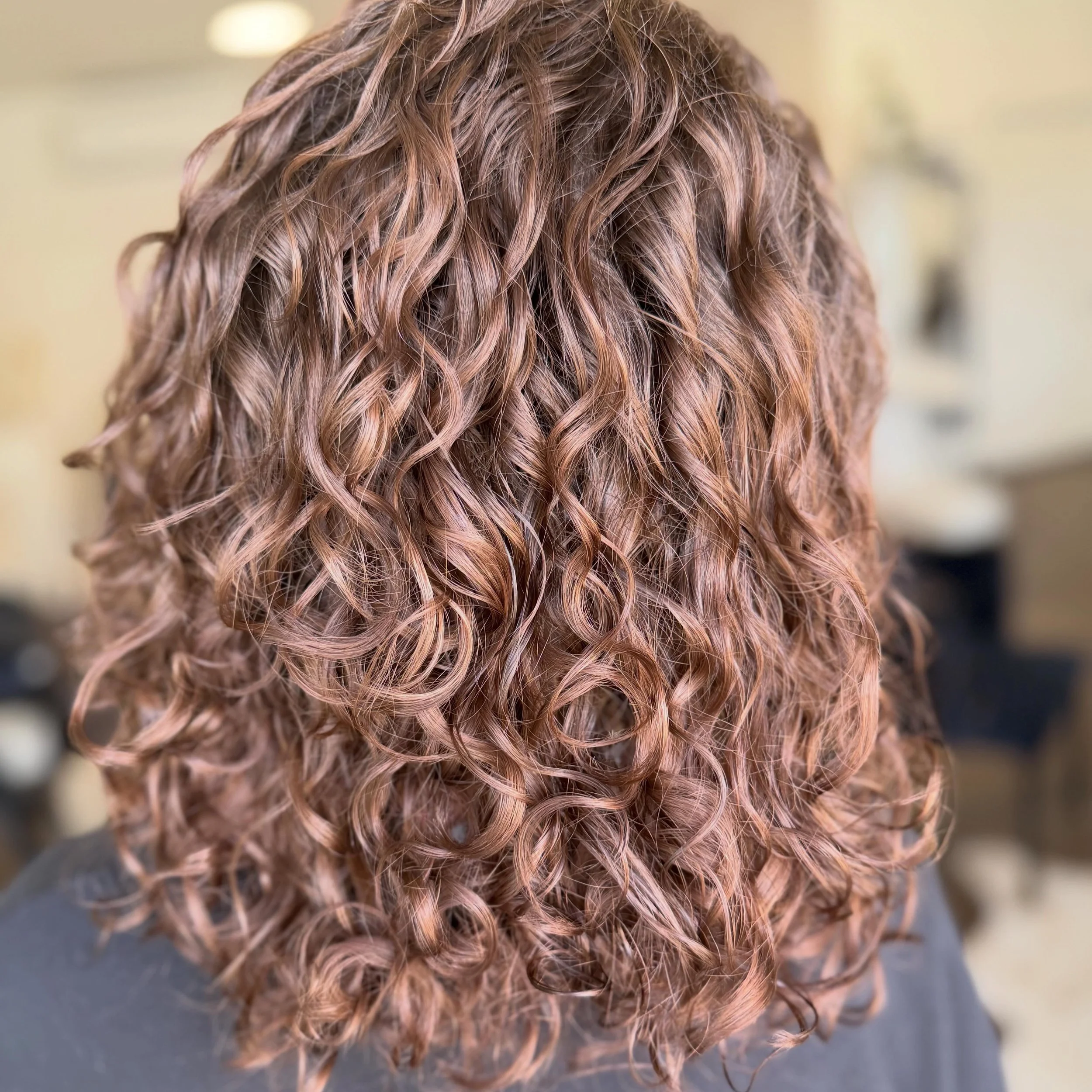 Close-up of curly, reddish-brown hair with a blurred background.