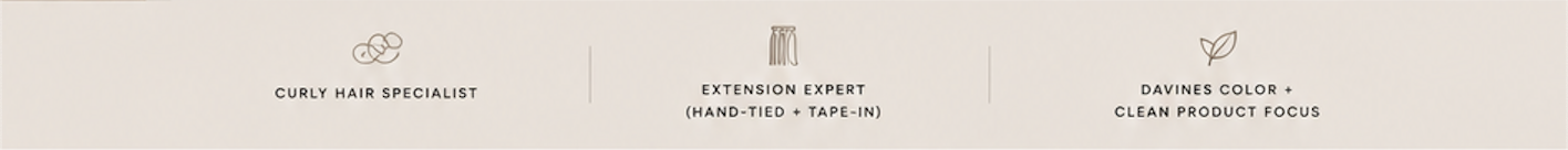 Three sections of text with icons: 'Curly Hair Specialist' with a curly hair icon, 'Extension Expert' with an extension and tape-in icon, and 'Davines Color + Clean Product Focus' with a leaf icon.
