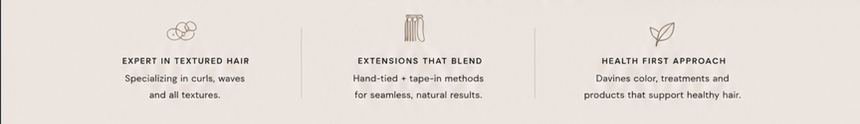 Three sections with icons and text about hair care: 1) Expert in textured hair with icon of hair strands; 2) Extensions that blend with icon of hair clips; 3) Health first approach with icon of a leaf.
