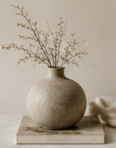 A beige round ceramic vase with dry branches on top, placed on a closed book on a surface with a neutral background.