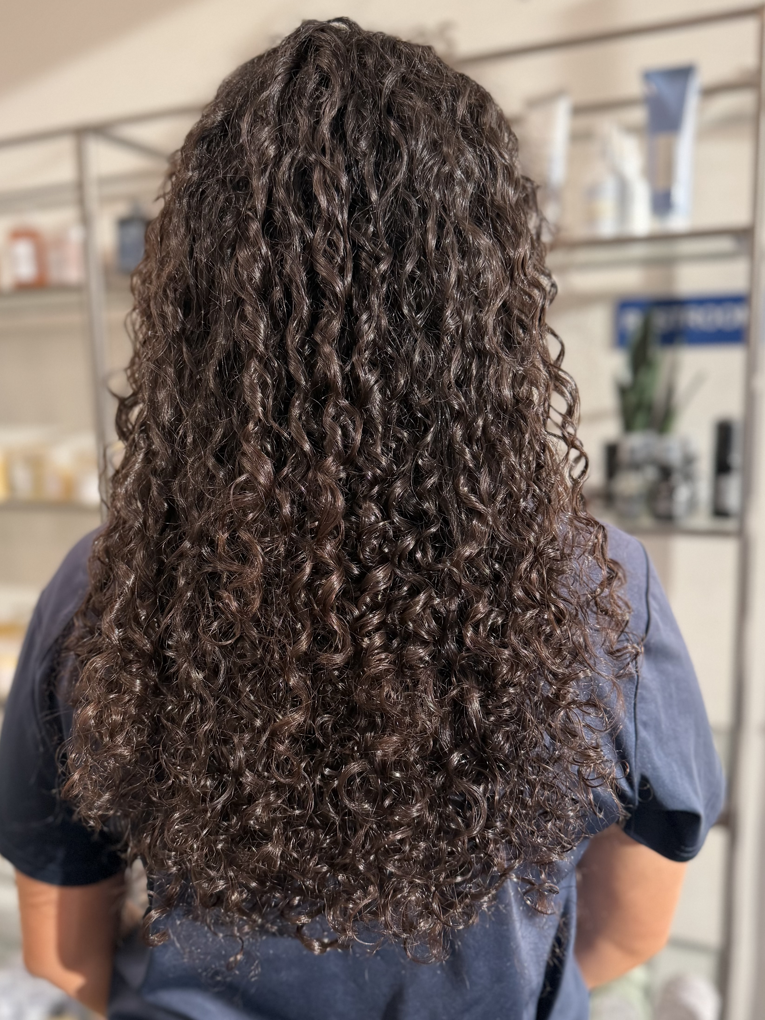 Back of a person with long, dark, curly hair, wearing a grey shirt with a black sleeve, standing in front of shelves with hair care products.