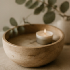 A lit candle in a small bowl inside a larger wooden bowl, with greenery in the background.
