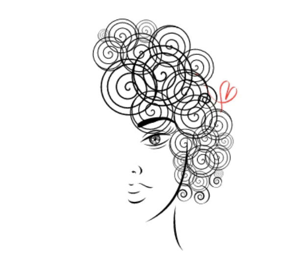 Line drawing of a smiling woman's face with curly hair, illustrated with spiral lines and a small heart near her head.
