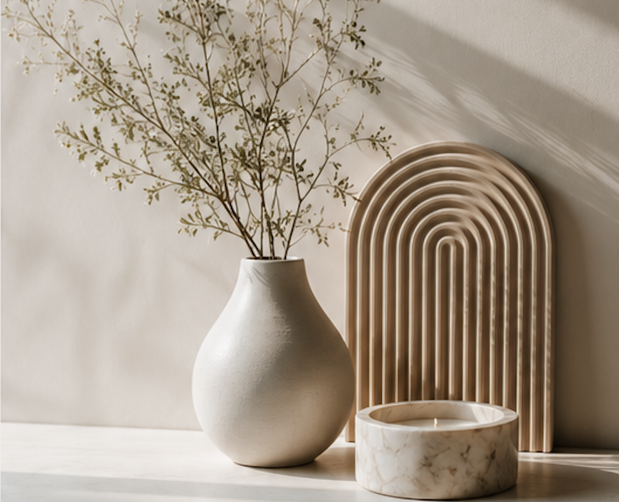 A white ceramic vase with dried branches, a marble candle holder, and a beige decorative piece with an arched design on a white surface, with sunlight and shadows on the wall.