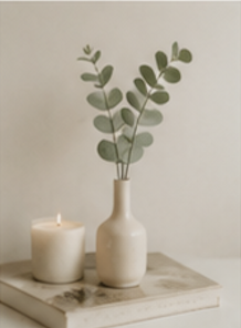 A white vase with eucalyptus branches on a wooden surface, next to a lit candle.