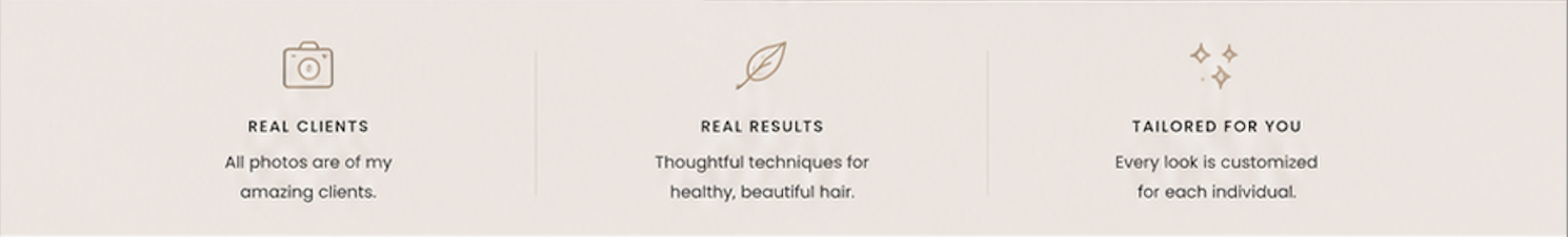 Three columns with icons and text: first column shows a camera icon and says 'Real Clients' with description, second column shows a leaf icon and says 'Real Results' with description, third column shows star icons and says 'Tailored for You' with description.