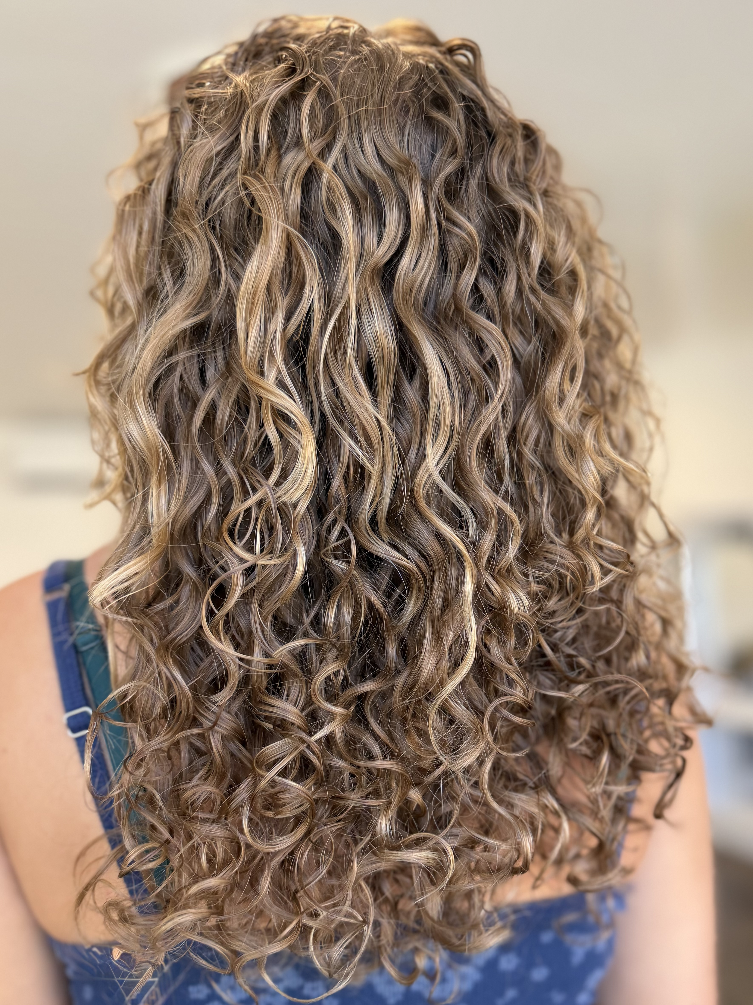 Close-up of long, curly, blonde hair with highlights on a person's back.