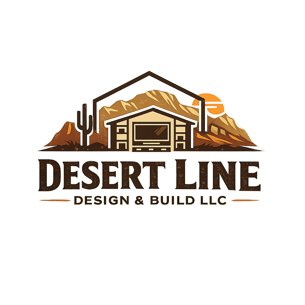 Logo for Desert Line Design & Build LLC featuring a house, mountains, a cactus, and a sunset background with desert colors.