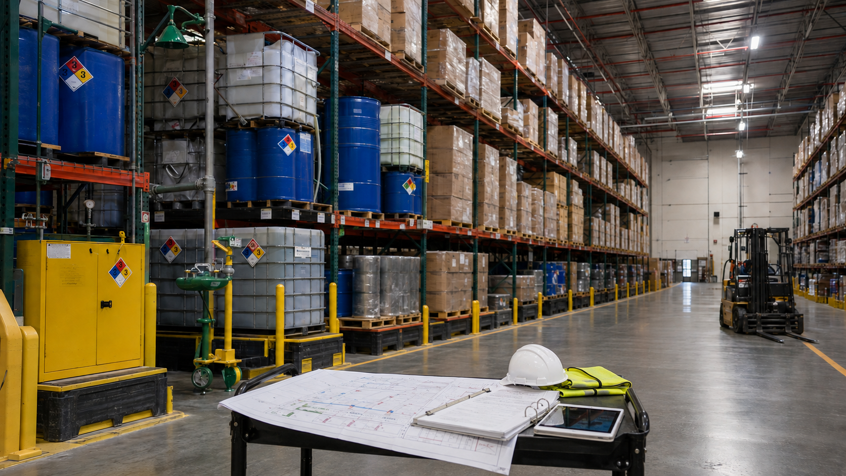 Commercial fire safety inspection and fire code compliance assessment inside an industrial warehouse. Hazmat