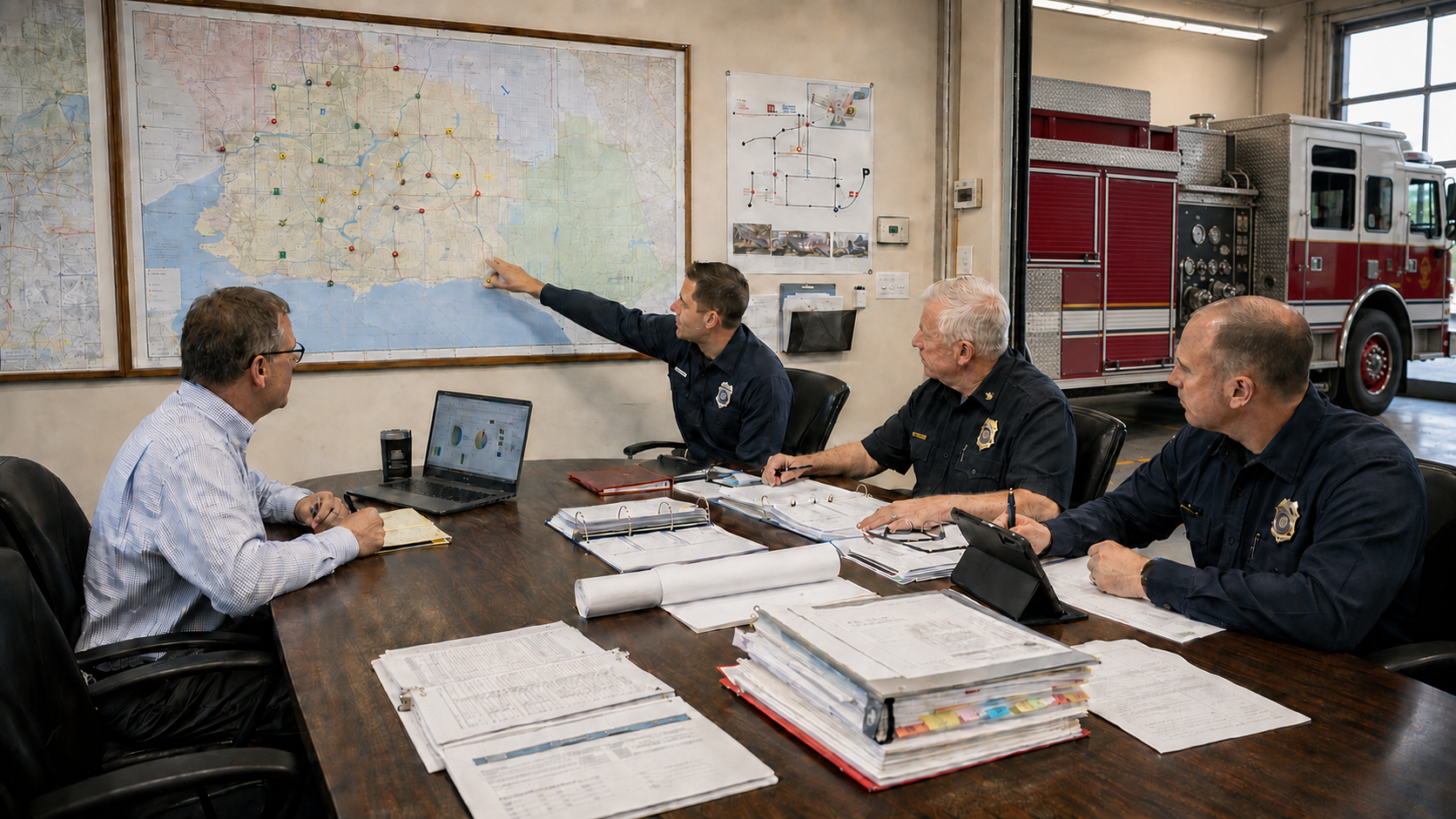 Fire marshal consulting team reviewing fire prevention plans, maps, and emergency response strategies.