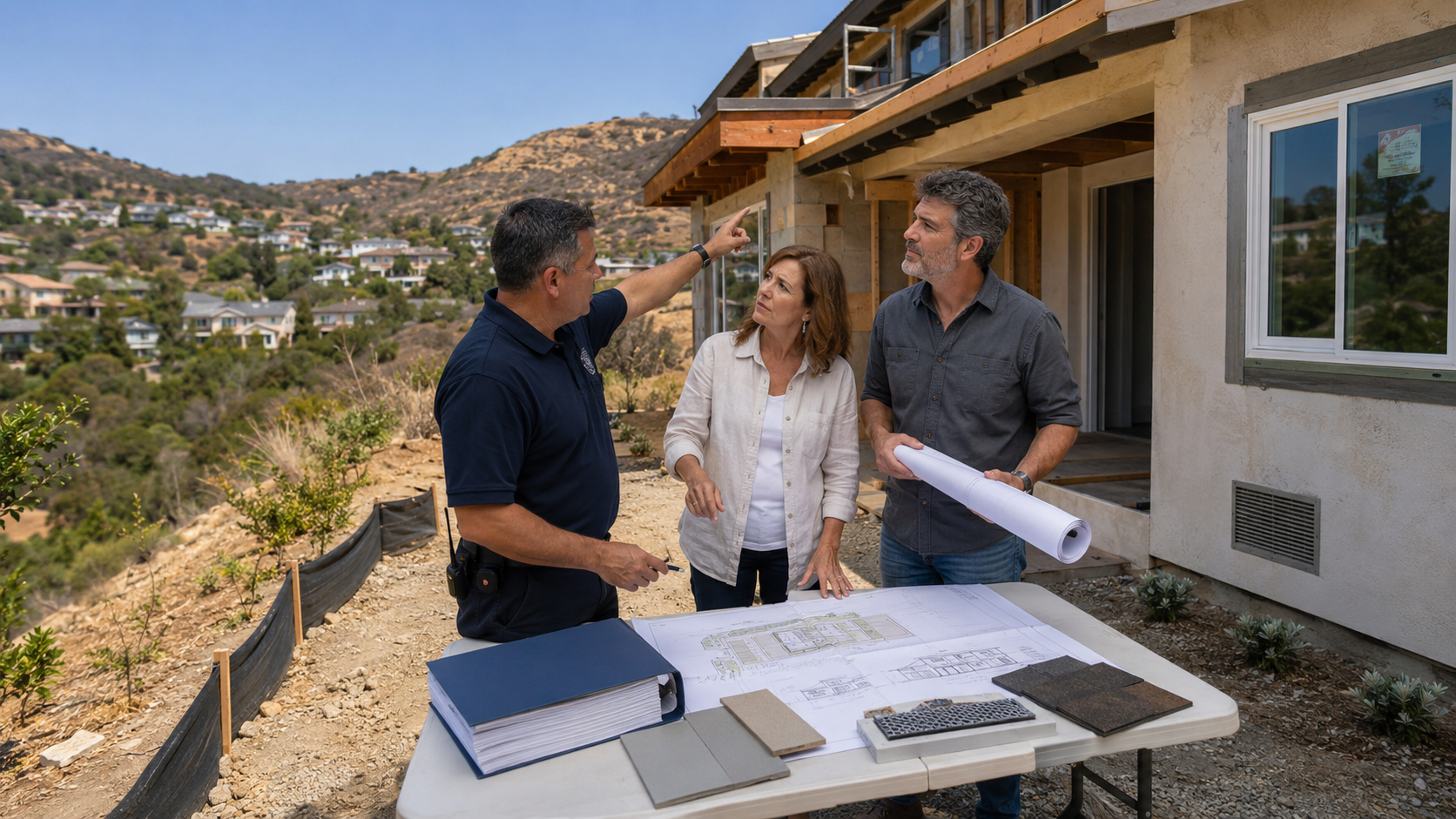Fire prevention consultant reviewing building plans and fire code requirements for residential construction.