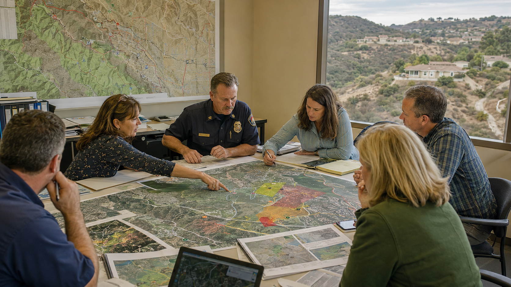 Wildfire risk reduction professionals reviewing maps and developing community fire prevention strategies.