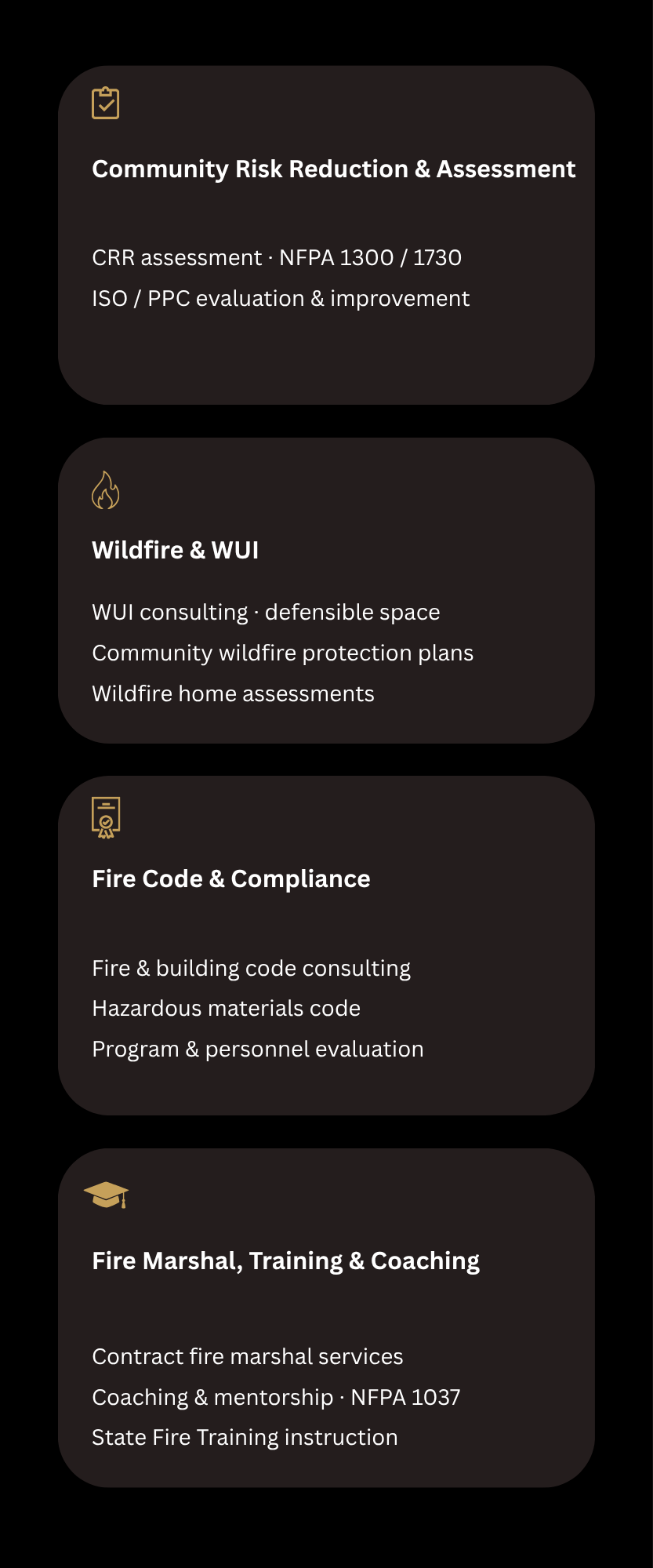 PPI Fire and Risk services infographic highlighting community risk reduction, wildfire risk management, fire code compliance, and fire prevention training.