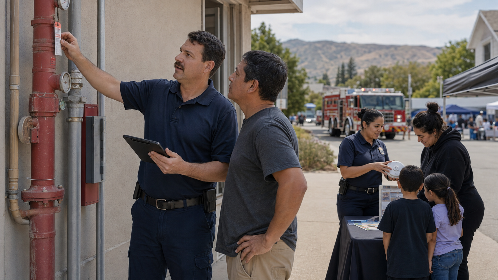 Fire prevention professionals providing community fire safety education and smoke detector training.