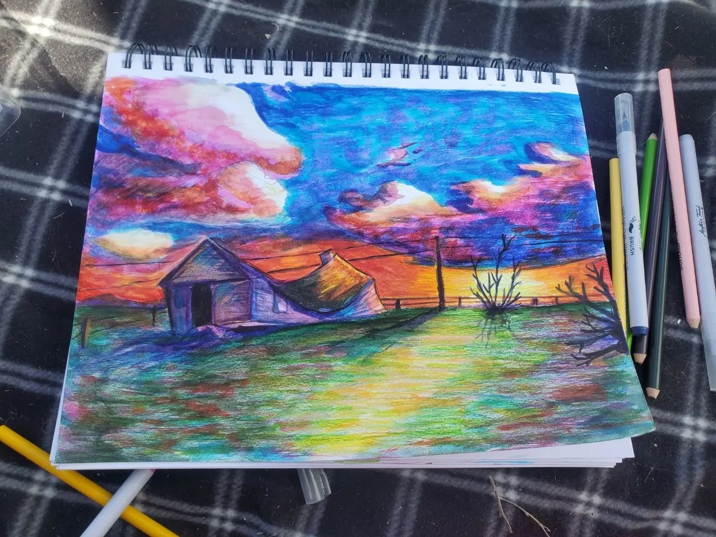 Lucky enough to pick up some photos of this school house before it collapses. Had some *really* bright water based markers and a random pick of colored pencils. Illustrated a really bright version 😅