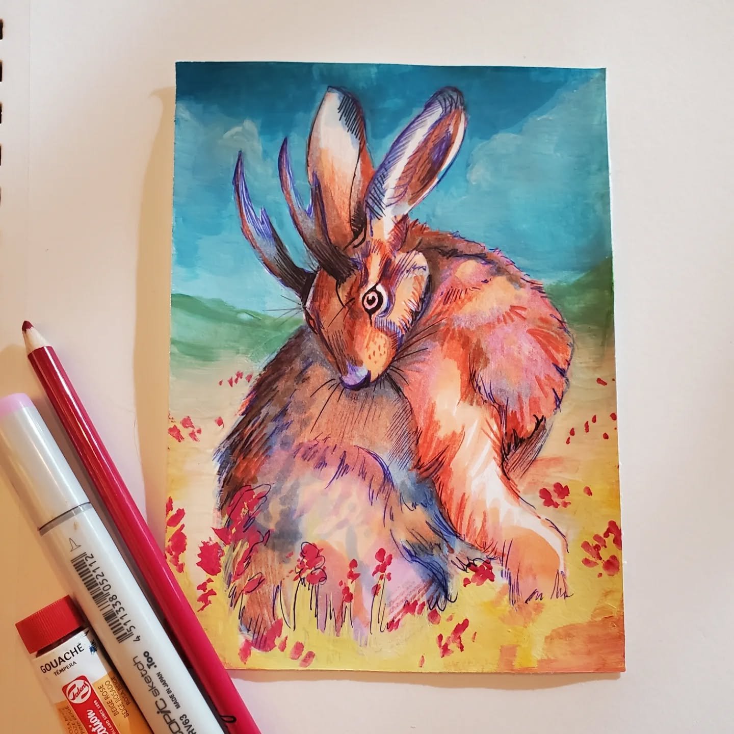 Headed to a coffee shop today and brought a few markers, 2 pens, and one red pencil. Made the rabbit then Headed home and painted the rest with gouache. Great day off 😁