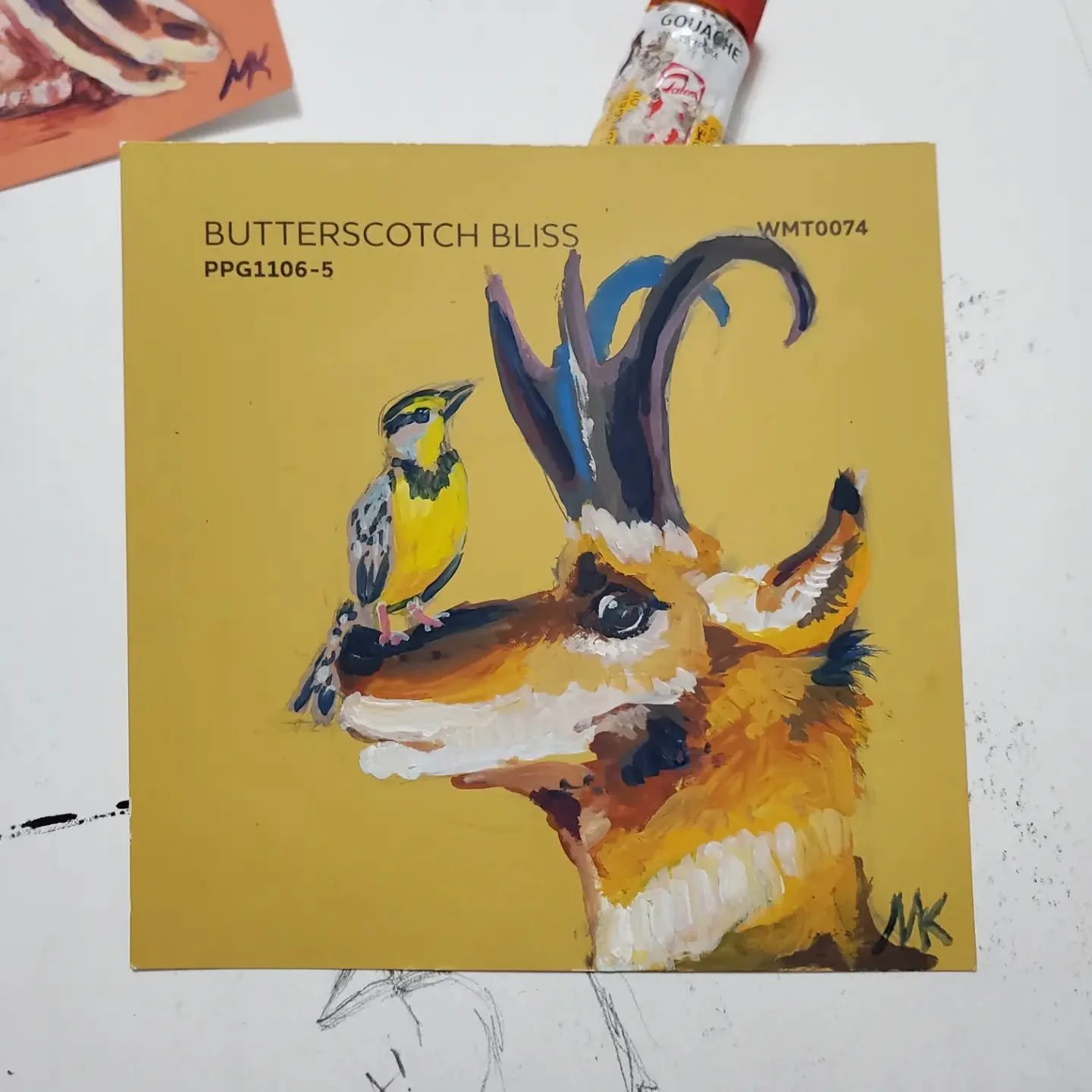I discovered I love painting on little paint swatches with gouache. Might keep going with this 😁
