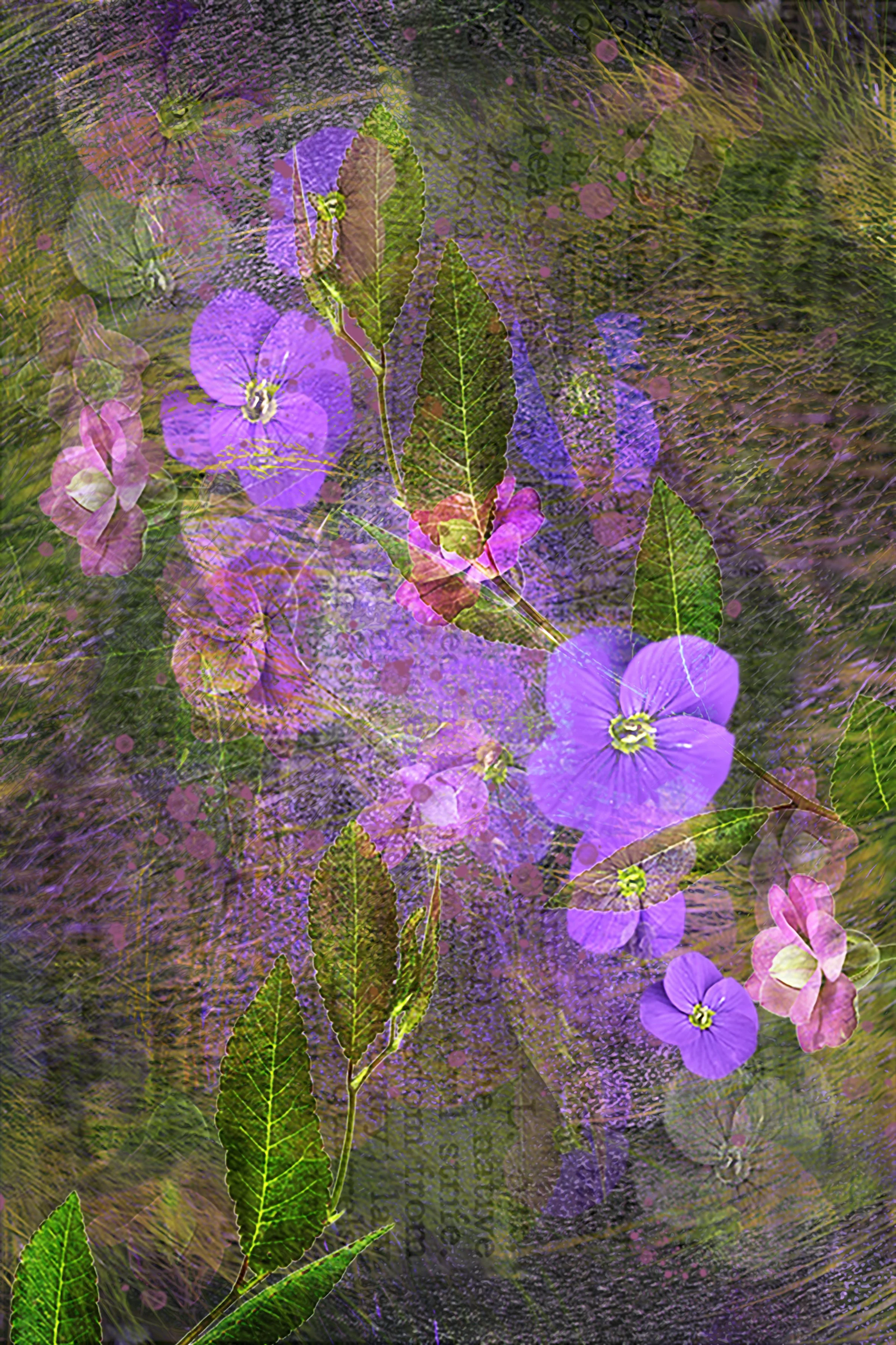 Complex photographic composite image created out of multiple different flowers layered onto a background 