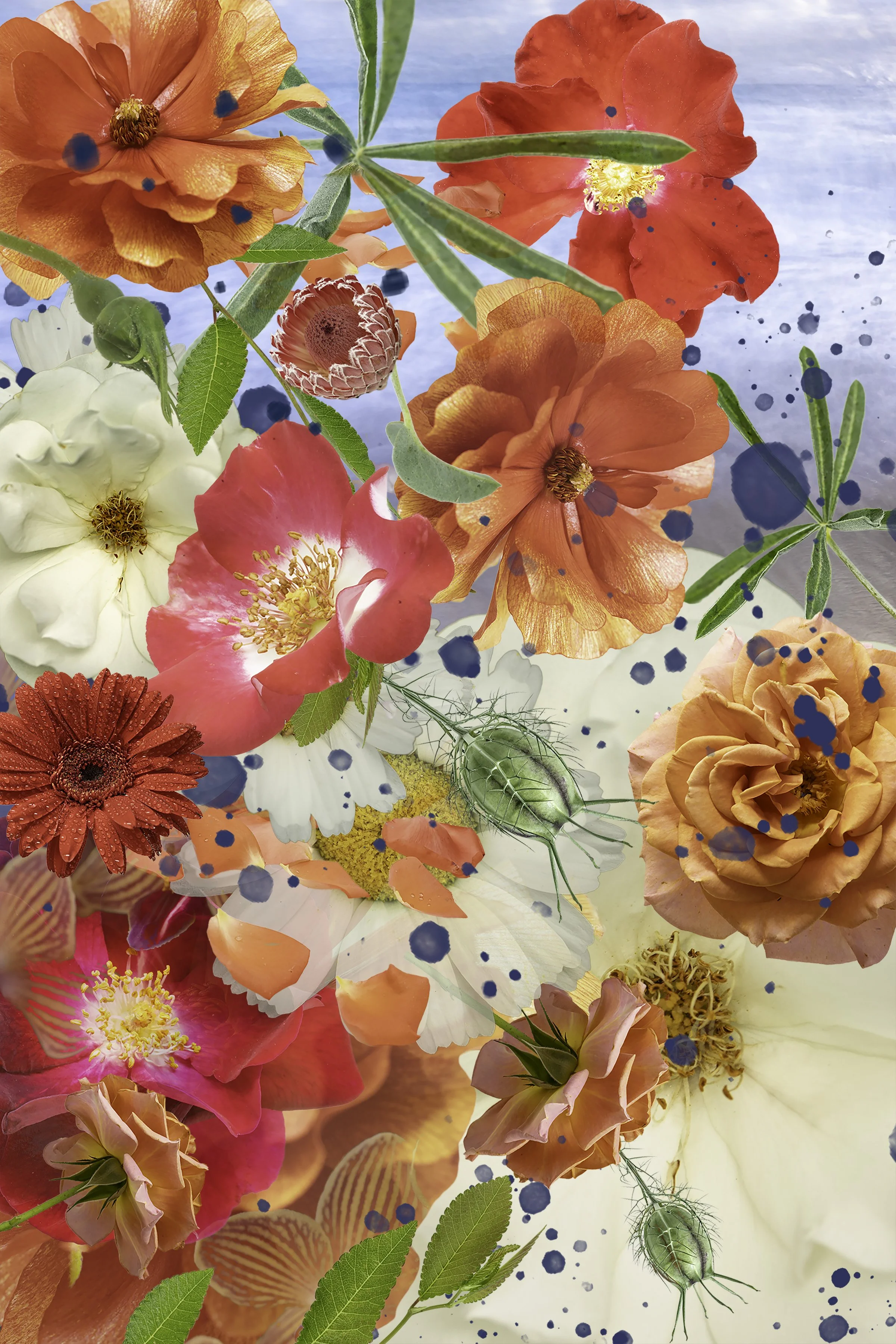 Complex photographic composite image created out of multiple different flowers layered onto a background 