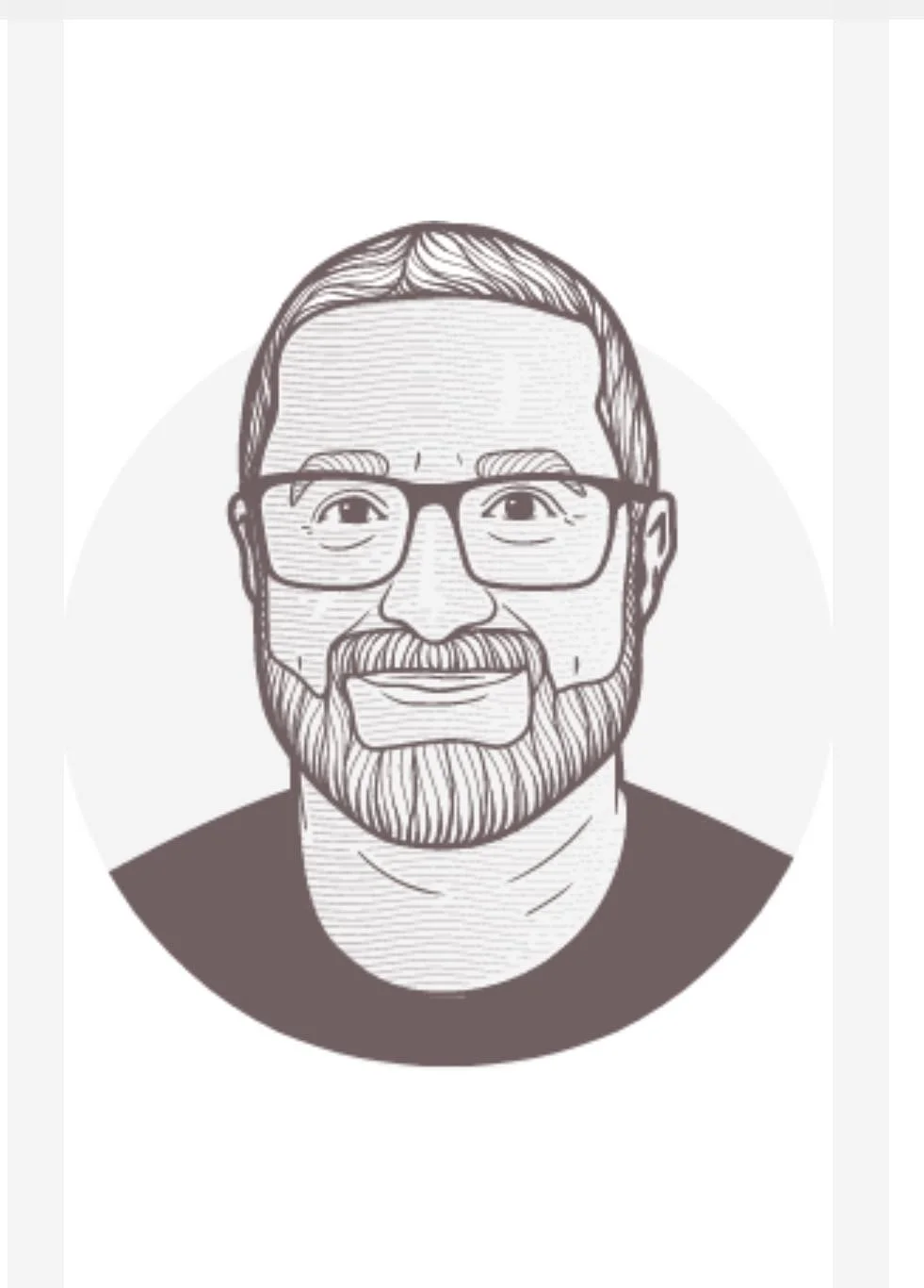 A black-and-white line drawing of a smiling man with glasses, a beard, and short hair, wearing a dark shirt.