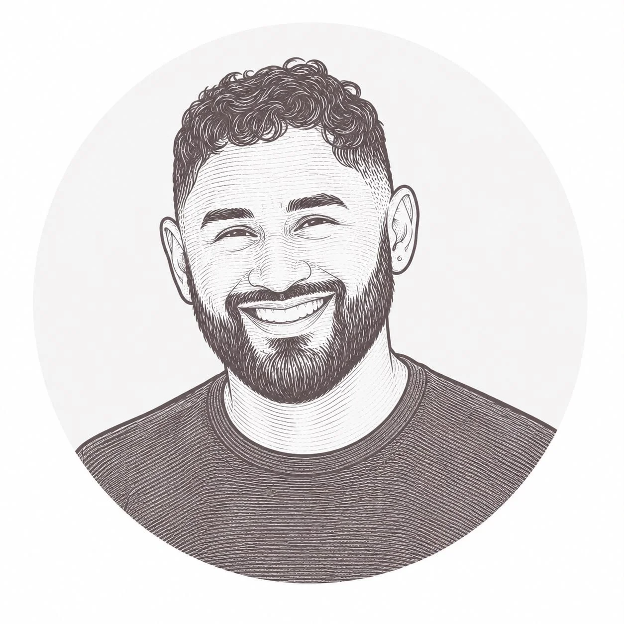 Line art portrait of a smiling man with a beard, short curly hair, and an earring, wearing a ribbed shirt.