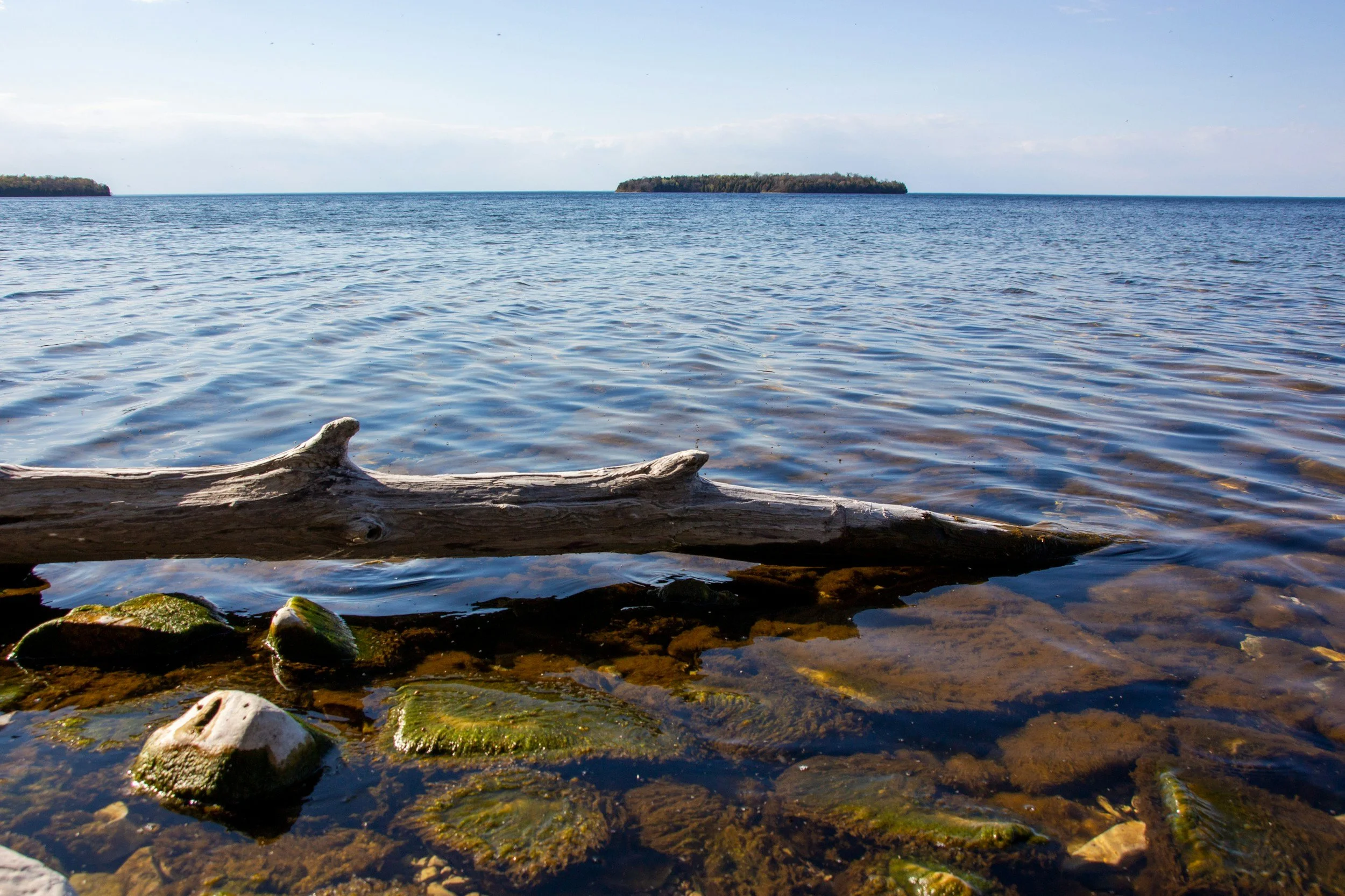 A view of a large body of water with small waves, with a shoreline in the foreground featuring rocks and moss, and two forested islands in the distance under a partly cloudy sky.