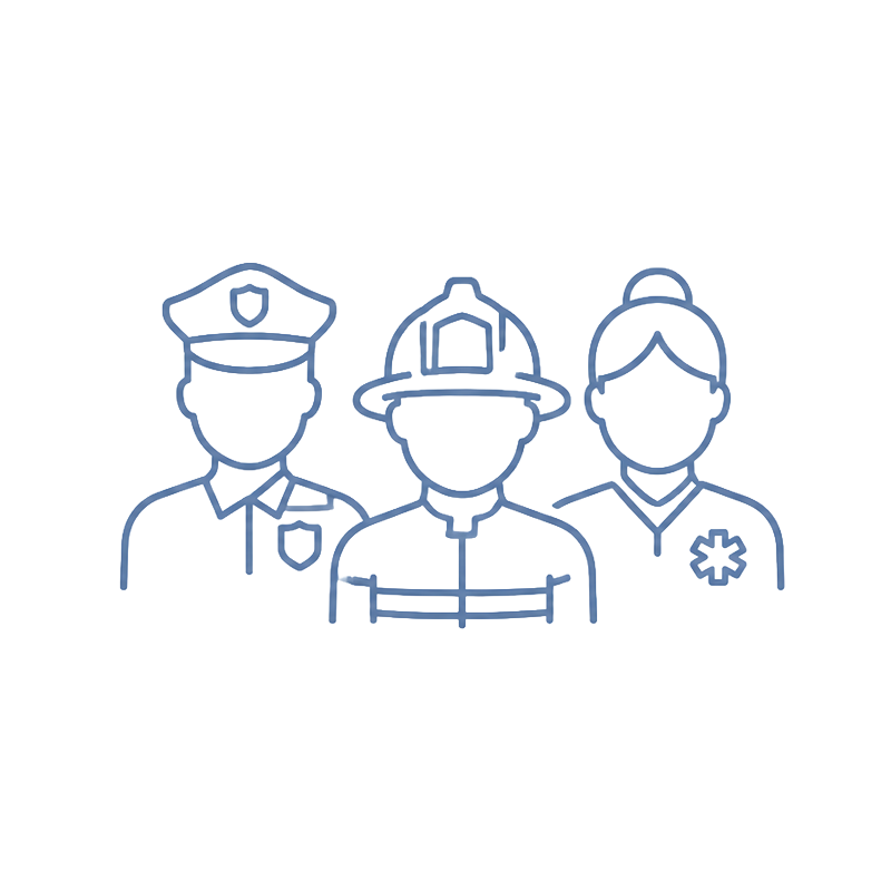 Line drawing of three emergency responders: a police officer, firefighter, and nurse, all wearing masks.