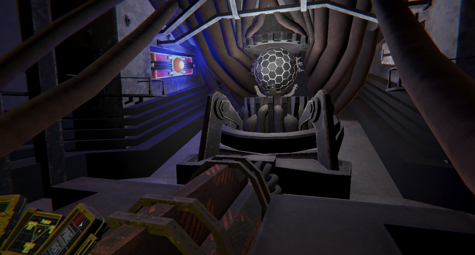 First-person perspective inside a futuristic spaceship or spacecraft, featuring advanced technology, a spherical hologram with hexagonal patterns, and control panels.