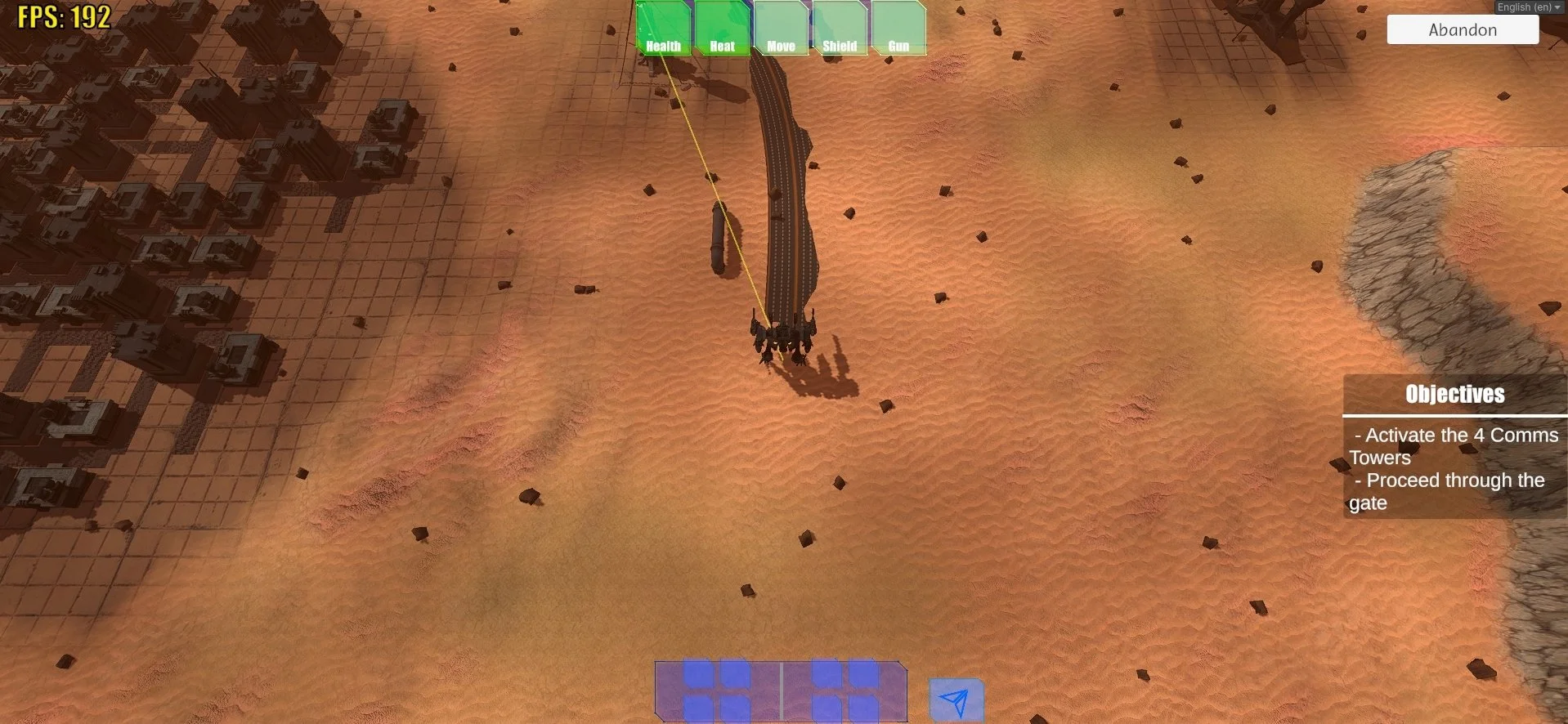 A screenshot from a tower defense game set in a desert landscape, showing a path for enemies and a tower at the bottom. The game interface displays objectives, health, and other controls.