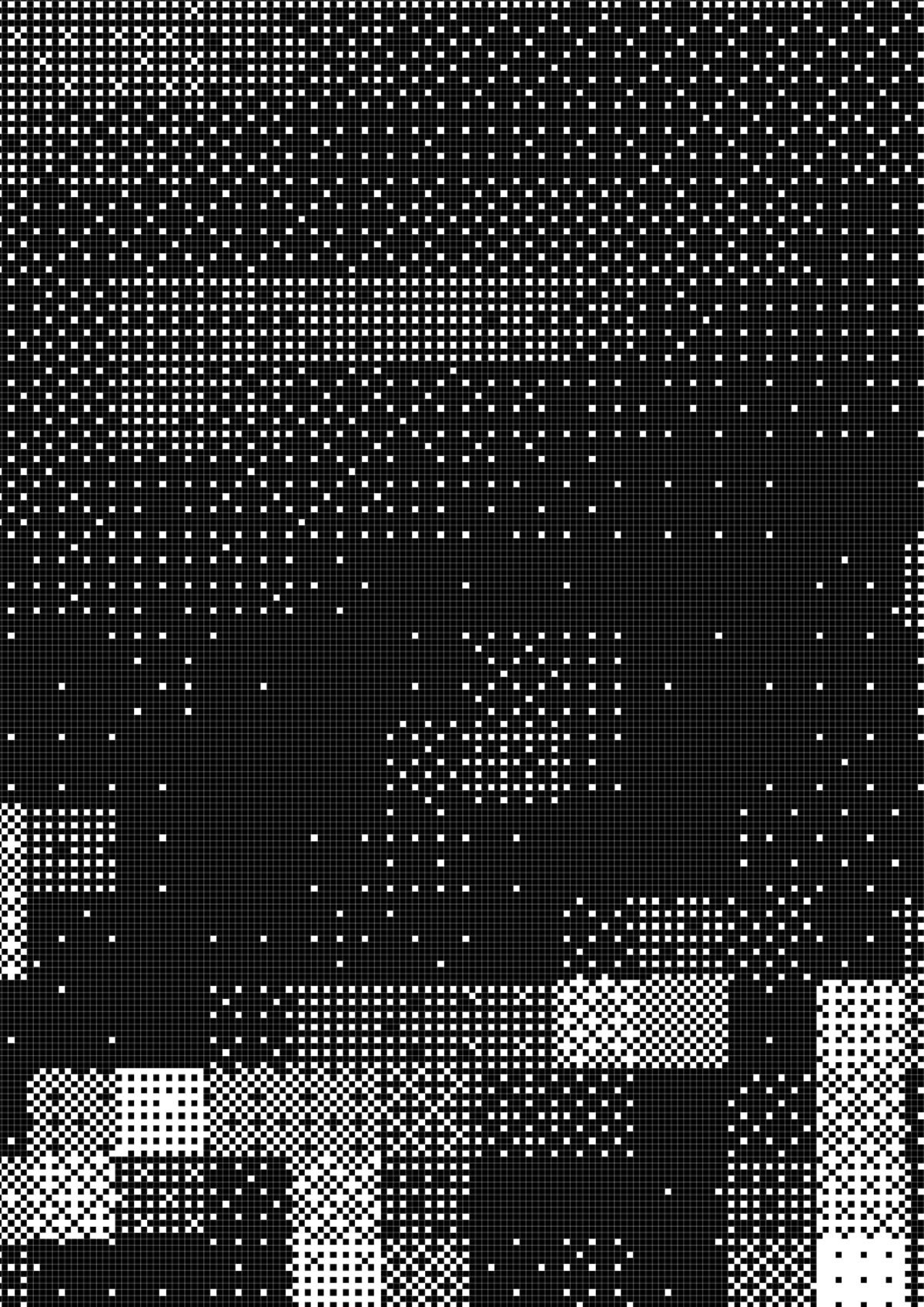 A black and white digital halftone portrait of a person with glasses and curly hair.