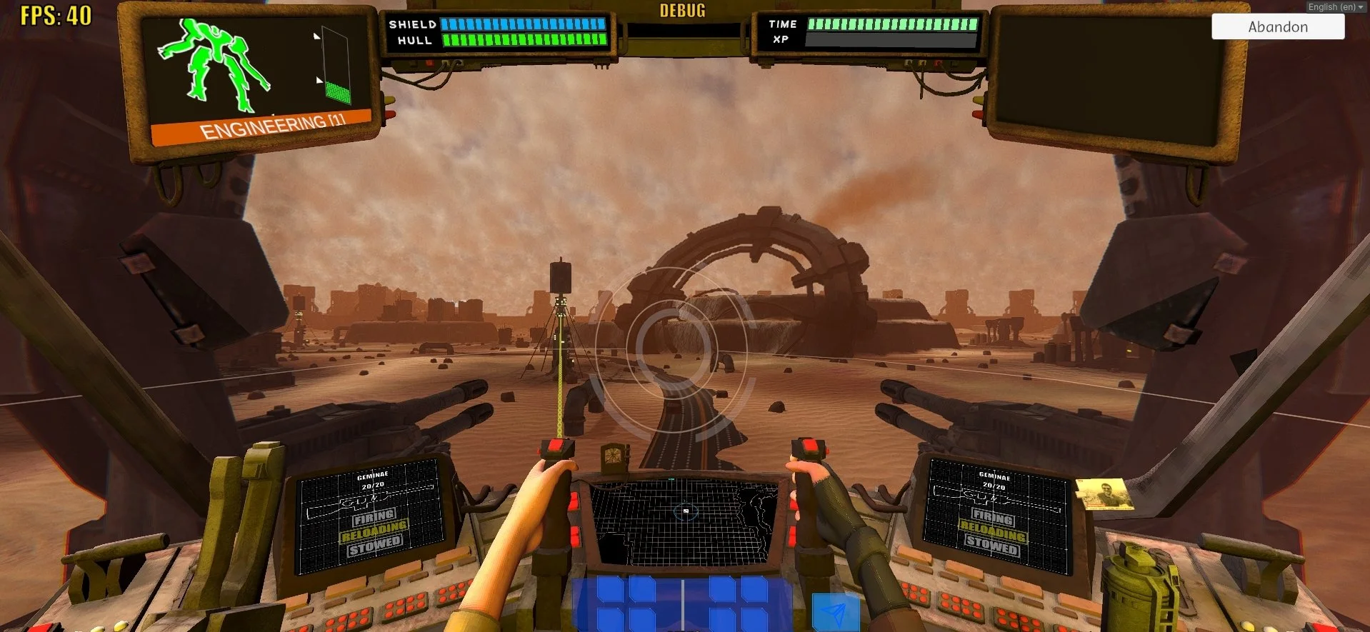 First-person view inside a spaceship cockpit with a desert landscape on an alien planet, featuring ruins and rock formations, with heads-up display elements showing shield, hull, time, and experience gauge.