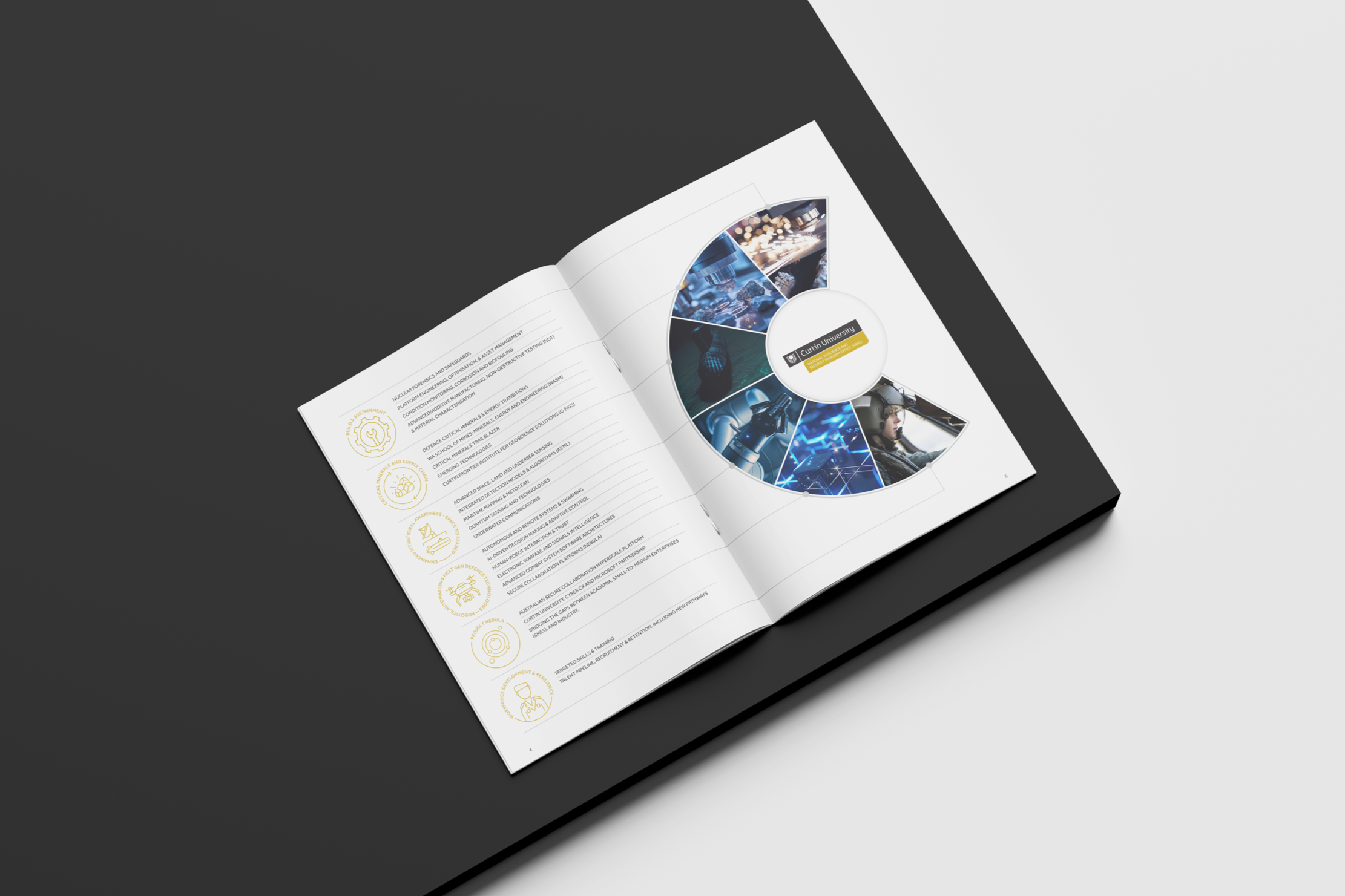 Open booklet displaying images and text on a dark background.