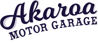 Logo for Akaroa Motor Garage with stylized text in purple and white.