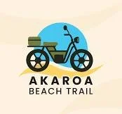 An illustration of a bicycle with luggage, with the text 'Akaroa Beach Trail' underneath.