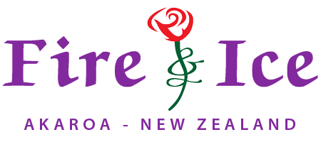 Logo with a red rose and green stem forming a heart shape, purple text reading 'Fire & Ice', and smaller text 'Akaroa - New Zealand' underneath.