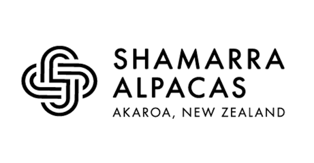 Logo of Shamarra Alpacas with a decorative knot design and text indicating location in Akaroa, New Zealand.